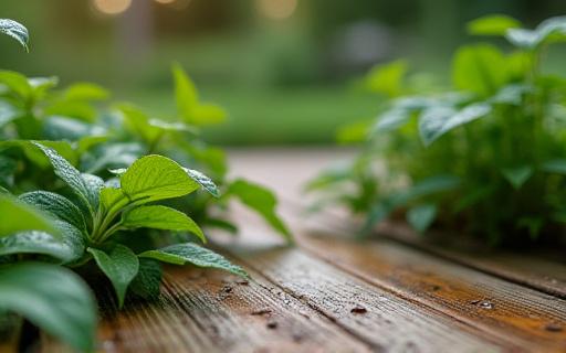 Close-up of native plants thriving alongside sustainable wood decking and natural stonework.
