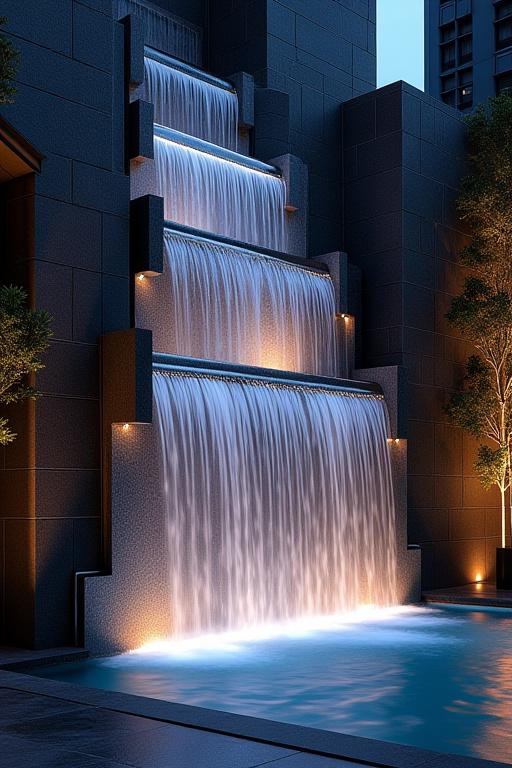 A striking multi-tiered Art Deco style water wall feature with integrated lighting, creating a dynamic visual and auditory experience.