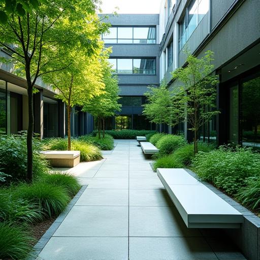 A tranquil green courtyard at a corporate headquarters featuring modern seating and lush landscaping, promoting calm.