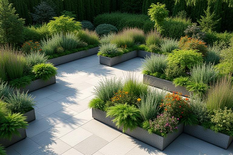 A meticulously designed garden featuring raised geometric planters filled with diverse foliage and flowering plants.